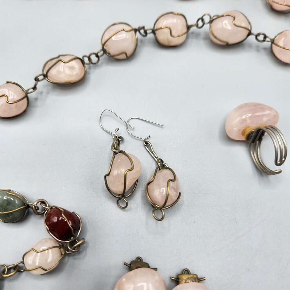 Caged Rose Quartz Necklace Wire Wrapped Polished Stones Bracelet Earrings Ring - Picture 3 of 11